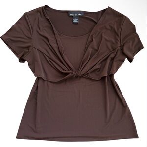 Y2K BRIGGS NY Brown Babydoll Tie Front Top Indie Preppy Mall Girl Preppy Size L